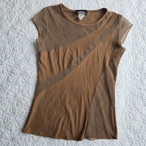 Vintage Costa Blanca Honey Brown Mustard Mesh Fishnet Panel Cap Sleeve Top